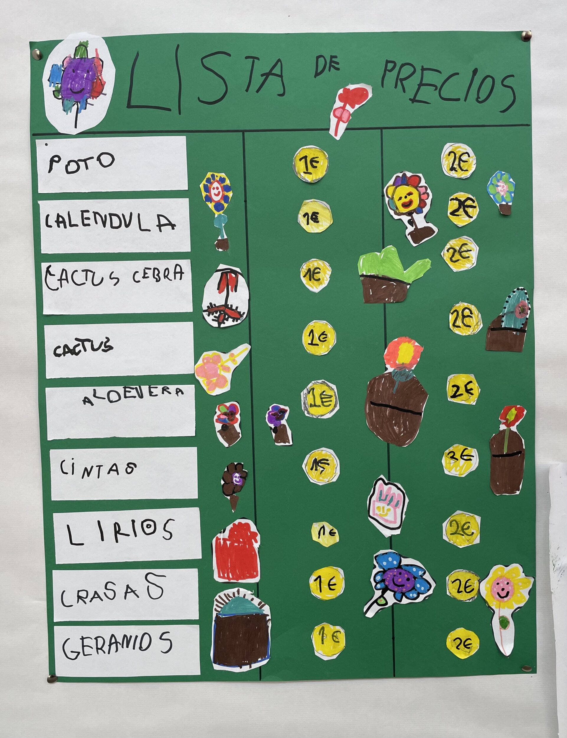 Cartel de precios elaborado por la clase verde